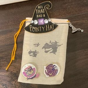 3 Witch Lapel Pins Wizard Magick in a handmade witchy muslin bag with charm NEW!